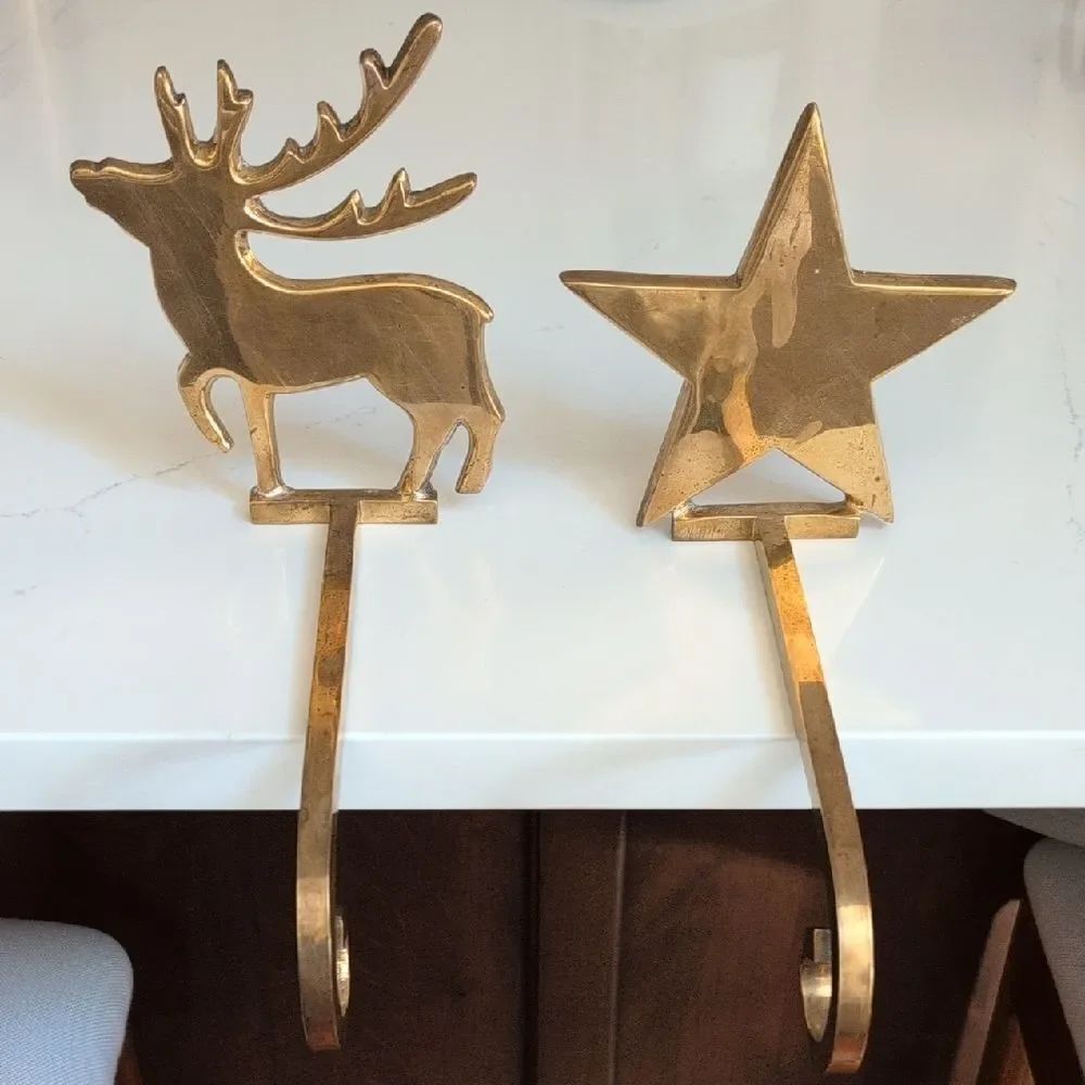 Solid Brass Reindeer and Star Christmas Stocking Holder Hooks Set of 2 Vintage